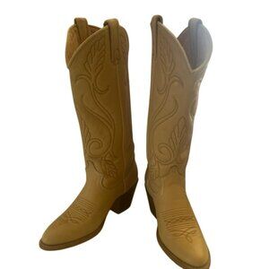 Acme Tan Leather Western Cowboy Boots Women's 5 1/2 Stacked Heel Stitching USA